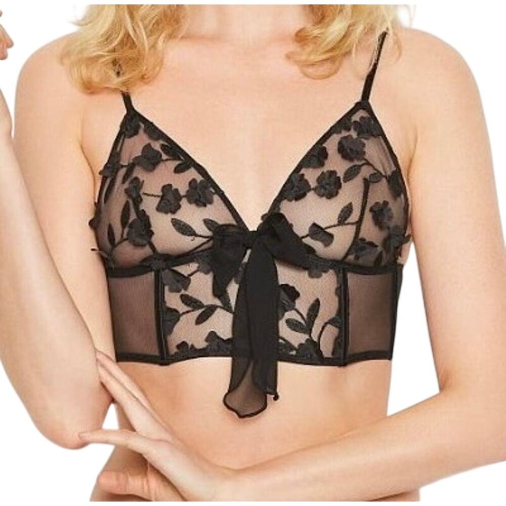 Victoria's Secret Dream Angels Black Sheer Longline Floral Bow Bralette Size S